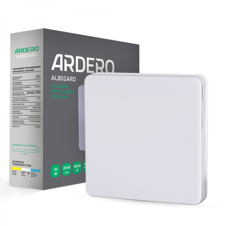Світлодіодний світильник Ardero AL802 ARD 24W LED 2040Lm 5000К IP40 180x180x40мм накладний квадратний хром білий