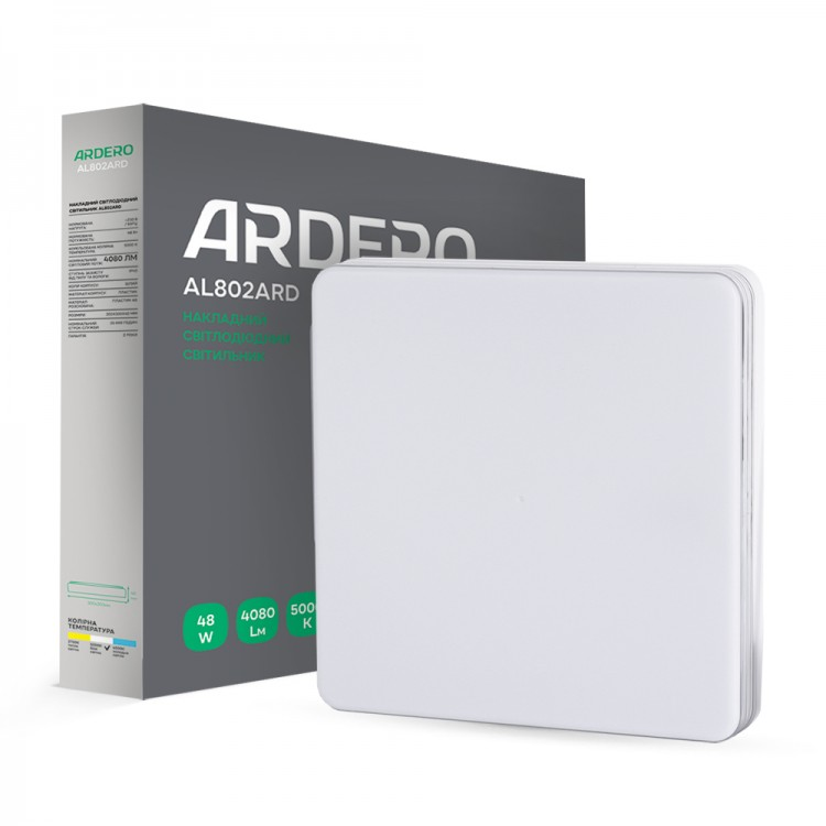 Світлодіодний світильник Ardero AL802 ARD 48W LED 4080Lm 5000К IP40 300x300x40мм накладний квадратний хром білий