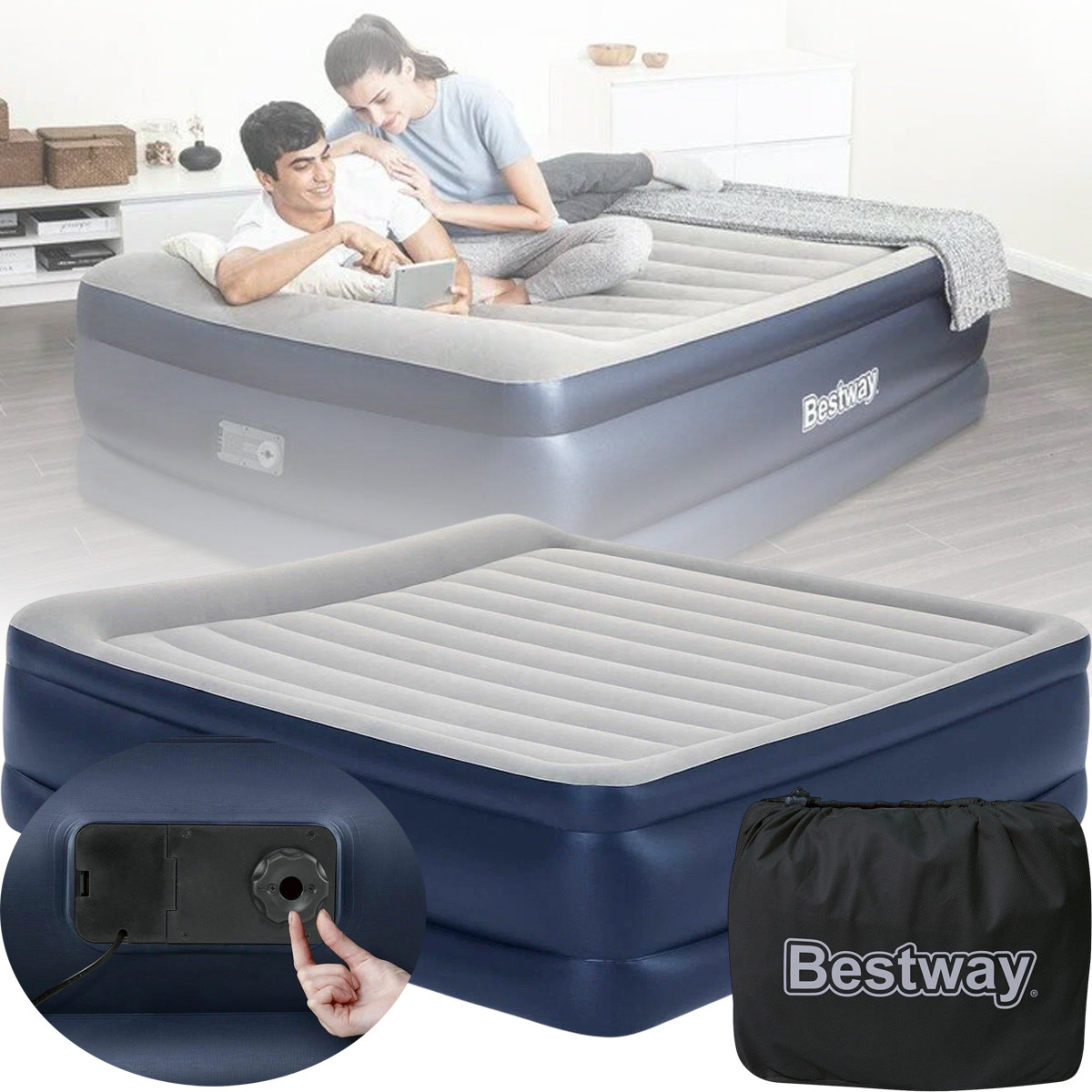 Комфортне надувне двоспальне ліжко з підголовником Bestway 67692 з вбудованим насосом 203 x 193 x 56 см