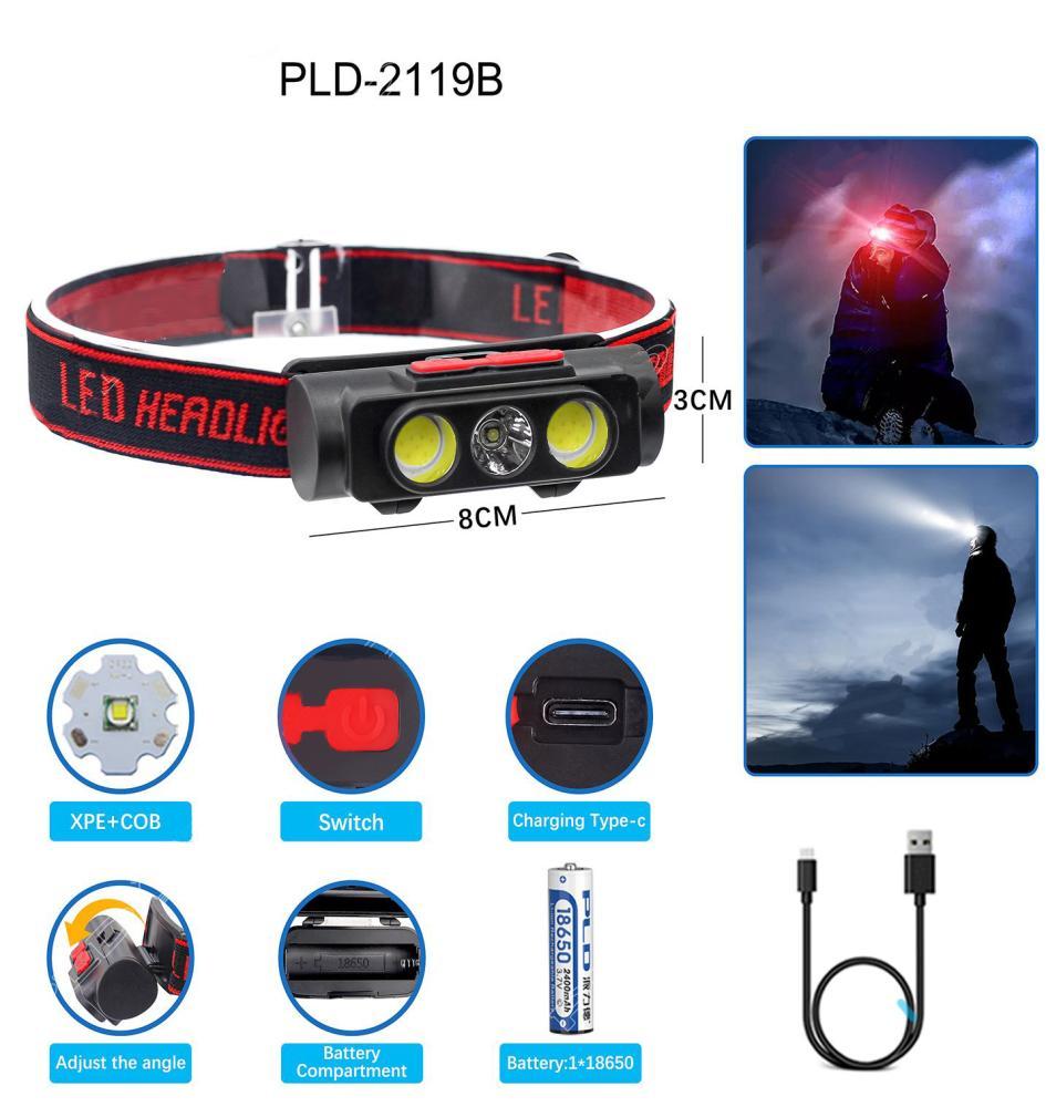 Ліхтар налобний PLD-2119B-XPE+2COB(white+red), 1х18650, ЗУ Type-C, Box, фото 1