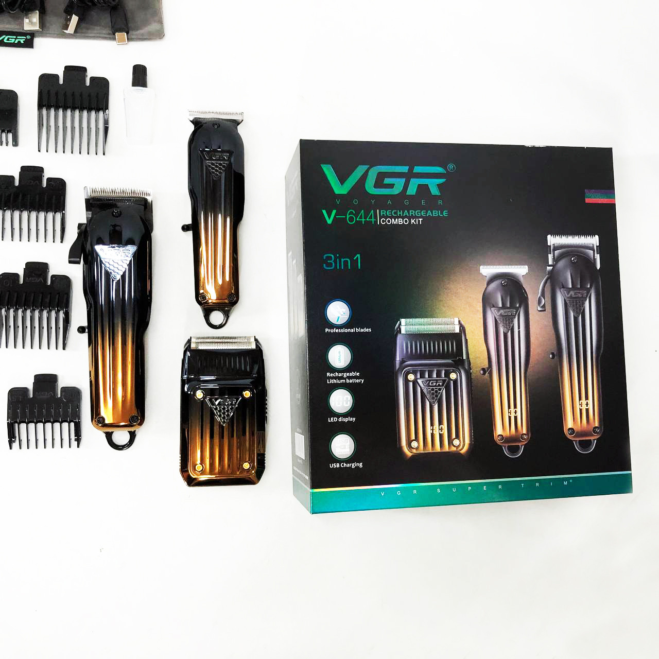 Комплект VGR 3 в 1 V-644 акумуляторна машинка для стрижки, триммер та FG-126 електробритва шейвер