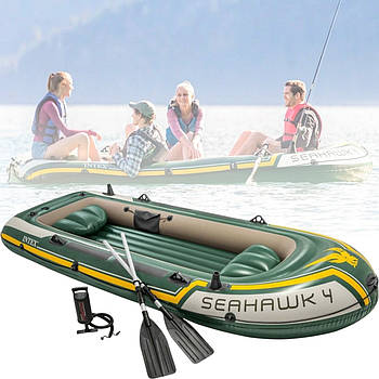 Надувний чотиримісний човен з веслами та насосом Intex 68351 Seahawk4 351x145x48 см гребний човен