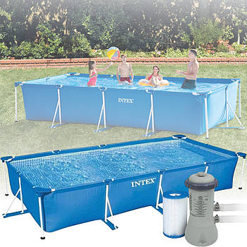 Прямокутний каркасний басейн Intex 28274 для відпочинку 450х220х84 см із насос-фільтром на 7127 л Синій