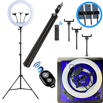 Високий штатив для телефона + Кільцева лампа 45 см на три телефони з блютуз пультом набір блогера зі світлом