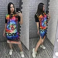 Яркое летнее платье-футболка с надписью