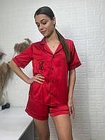 Стильна піжама рубашка шорти шовк у червоному кольорі карман вишивка