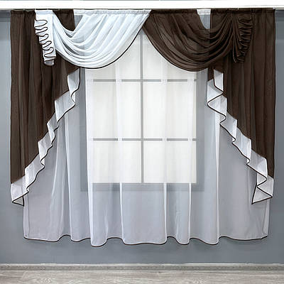 Кухонний (200х170см.) ламбрекен з тюлю. Колір венге з білим. Код 093к 52-1176