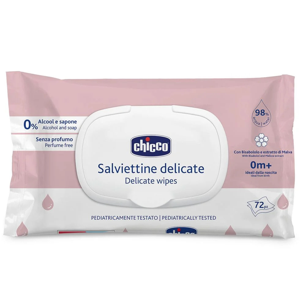 Вологі серветки з бісабололом та екстрактом мальви Chicco, 72 шт., фото 1