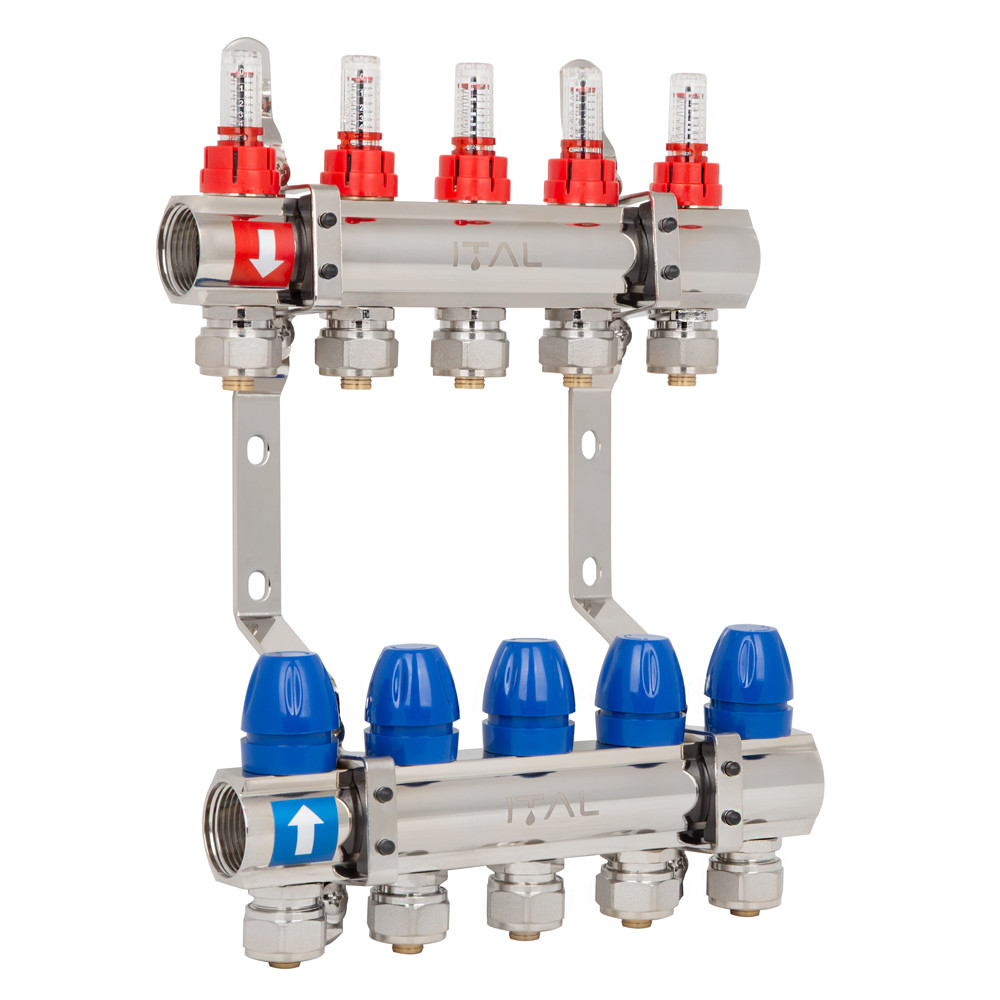 Комплект колектора з витратомірами ITAL IT05-H2001 1"-3/4", євроконус, 5 виходів, латунь, фото 1
