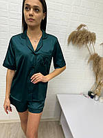 Шовкова піжама рубашка шорти у смарагдовому кольорі з вишивкою