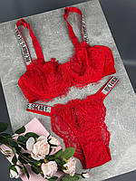 Кружевной комплект нижнего белья Виктория Сикрет без пуш ап красный со стразами Victoria`s Secret