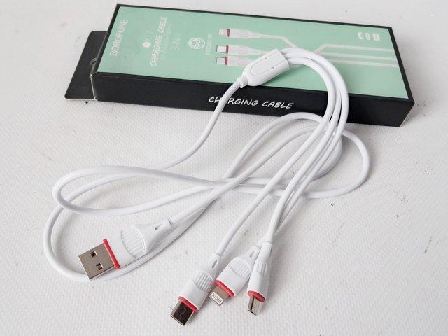 Кабель 3-в-1 Lightning+MicroUSB+Type-C білий в обплетенні BX17