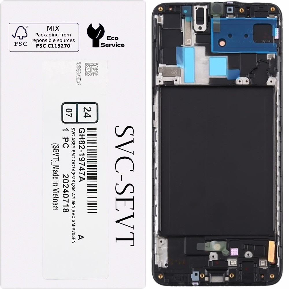 Дисплей Samsung A705 Galaxy A70 чорний, Amoled, оригінал, сервісна упаковка, з рамкою, GH82-19747A, фото 1