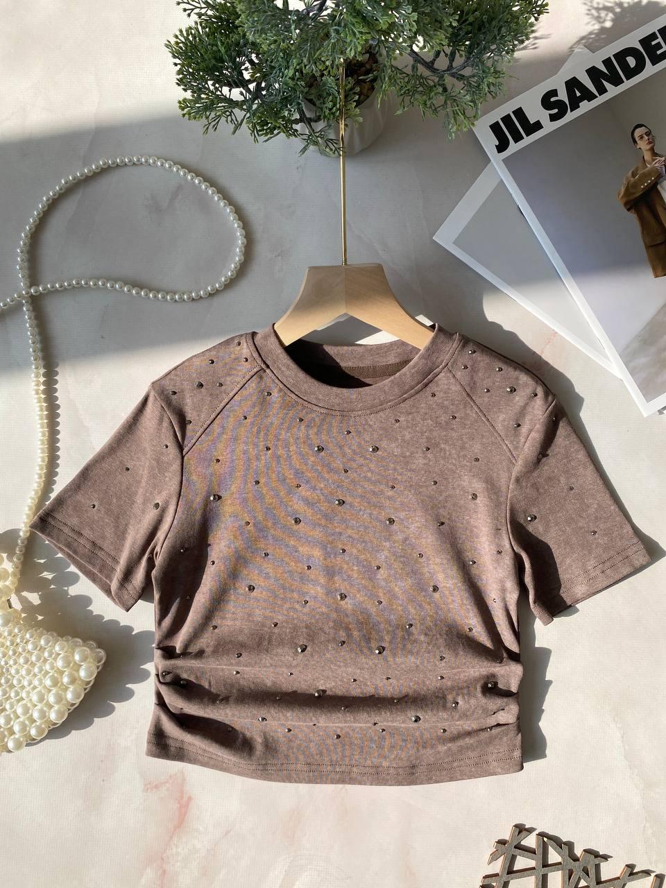 Модна футболка на дівчинку зі стразами Коричневий SZ342363, 106, SZZTZZ, Коричневий, Для дівчаток, Літо, 110, фото 1