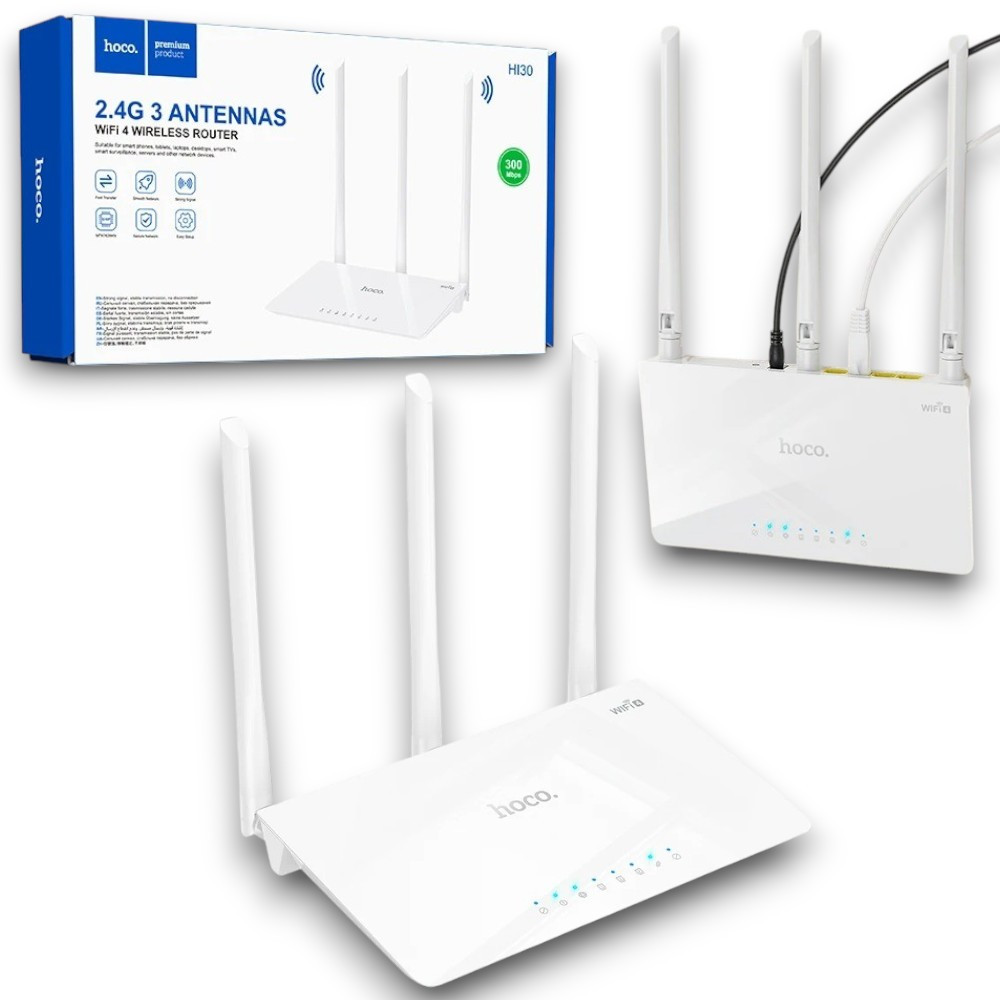 WiFi маршрутизатор Hoco HI30 300 Мбіт/с, 3 антени, 2.4 ГГц, бездротовий роутер для дому та офісу, білий