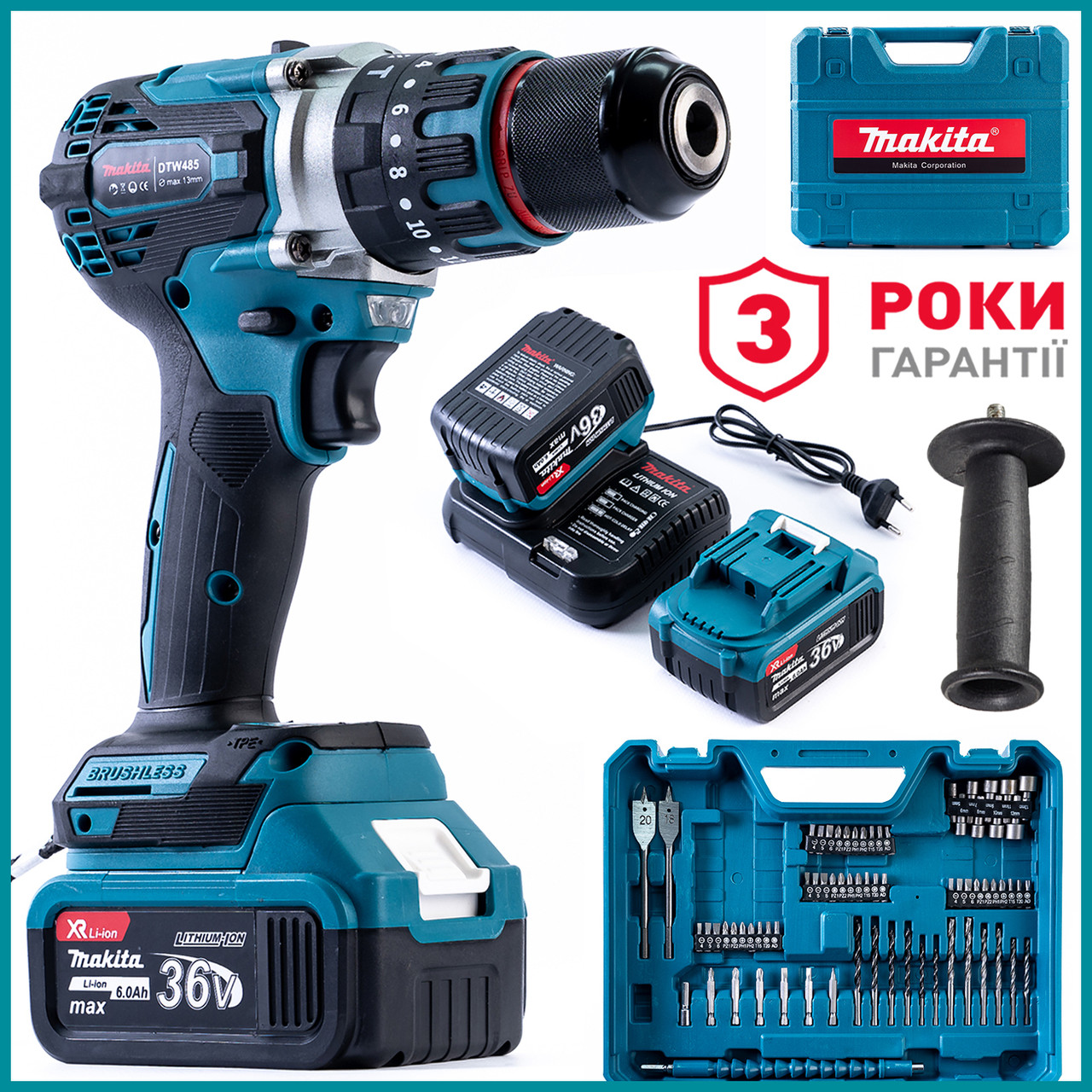 Безщітковий ударний акумуляторний дриль-шуруповерт Makita DTW485 (36V, 6 AH) з великим набором Макіта 13 мм bs