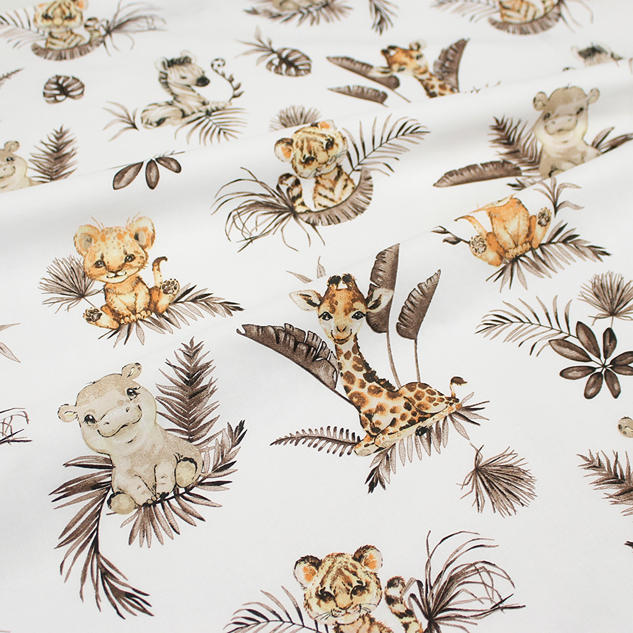Тканина бязь "Звірята в листі пальми та монстери кавового кольору" на білому тлі № 3463, фото 1