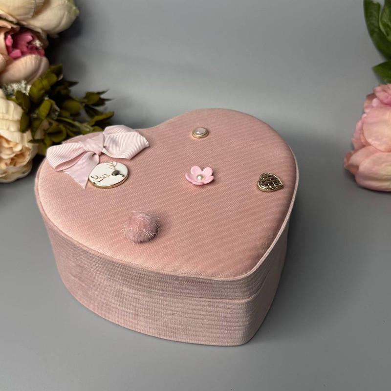 ❤️Скринька маленька для прикрас з дзеркалом, у вигляді серця, з бантиком, оксамит, Рожева, фото 1