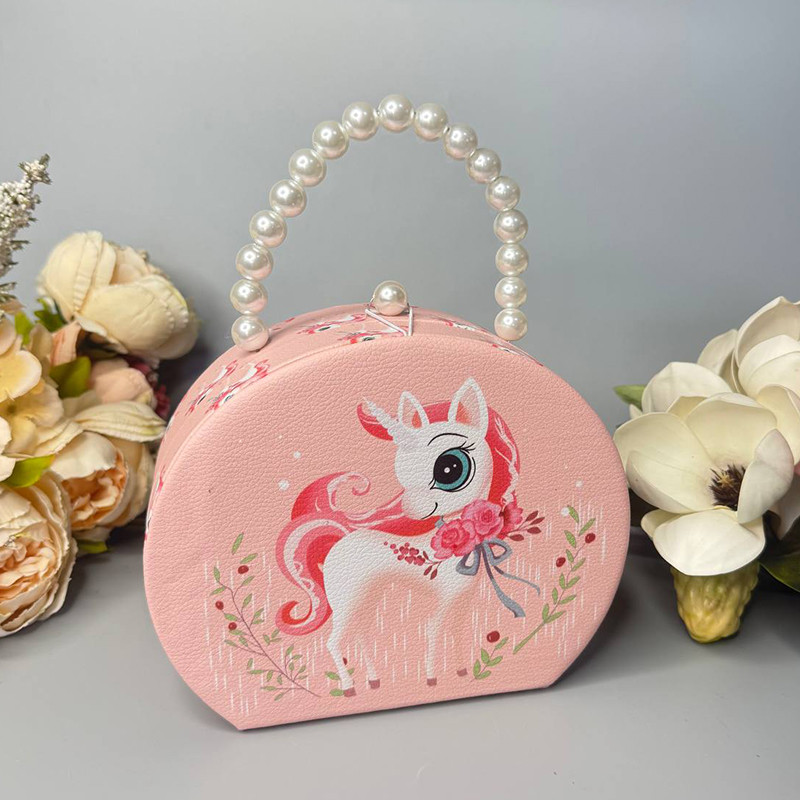 ❤️Дитяча скринька "Єдиноріг" для прикрас зі шкірозамінника з дзеркалом, округла, ручка з намистинами Рожева, фото 1