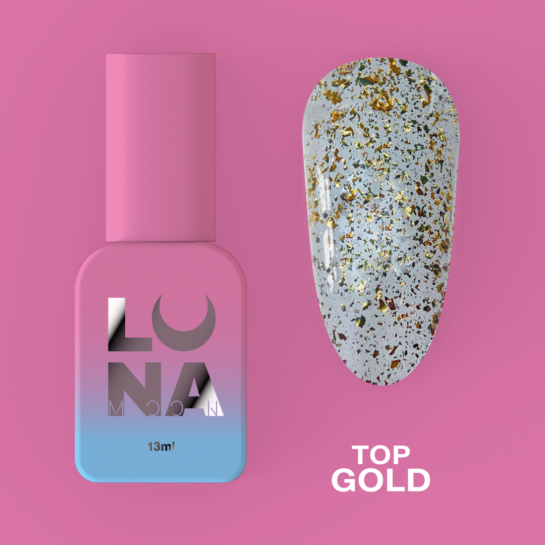 Топ для нігтів LunaMoon Gold прозорий з блискітками, 13 мл