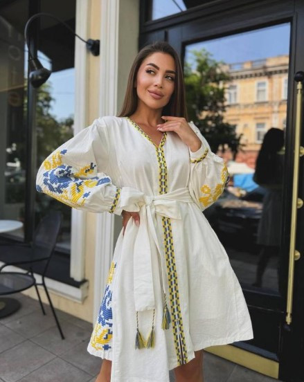 Сукня жіноча з етнічною вишивкою в синьо-жовтих відтінках розмір S, M, L