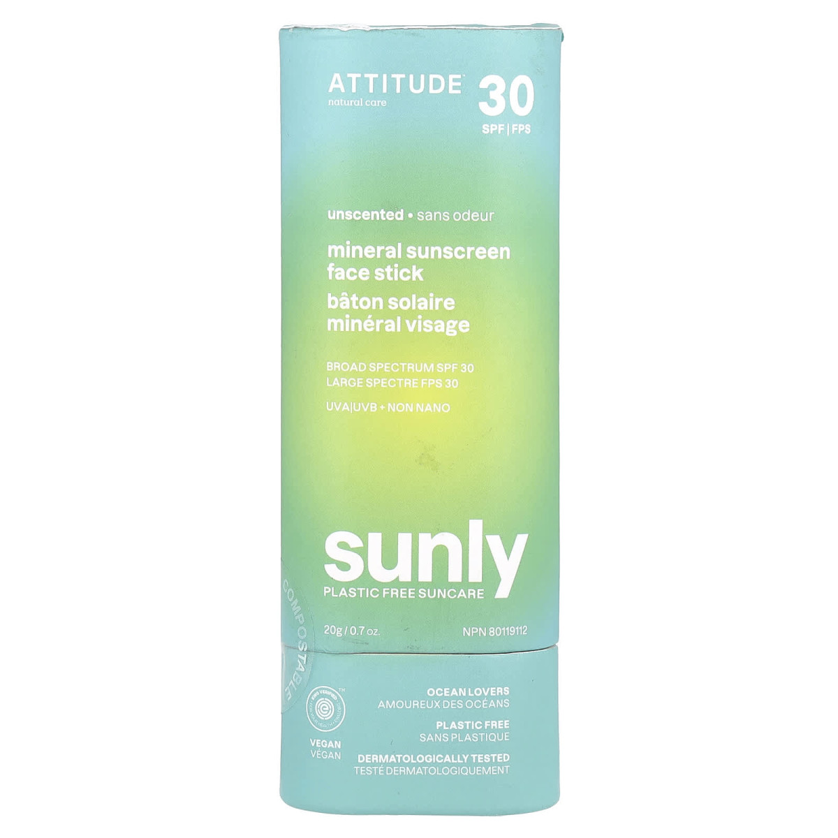 ATTITUDE, Sunly, мінеральний сонцезахисний крем-стік для обличчя, SPF 30, без запаху, 20 г (0,7 унції)