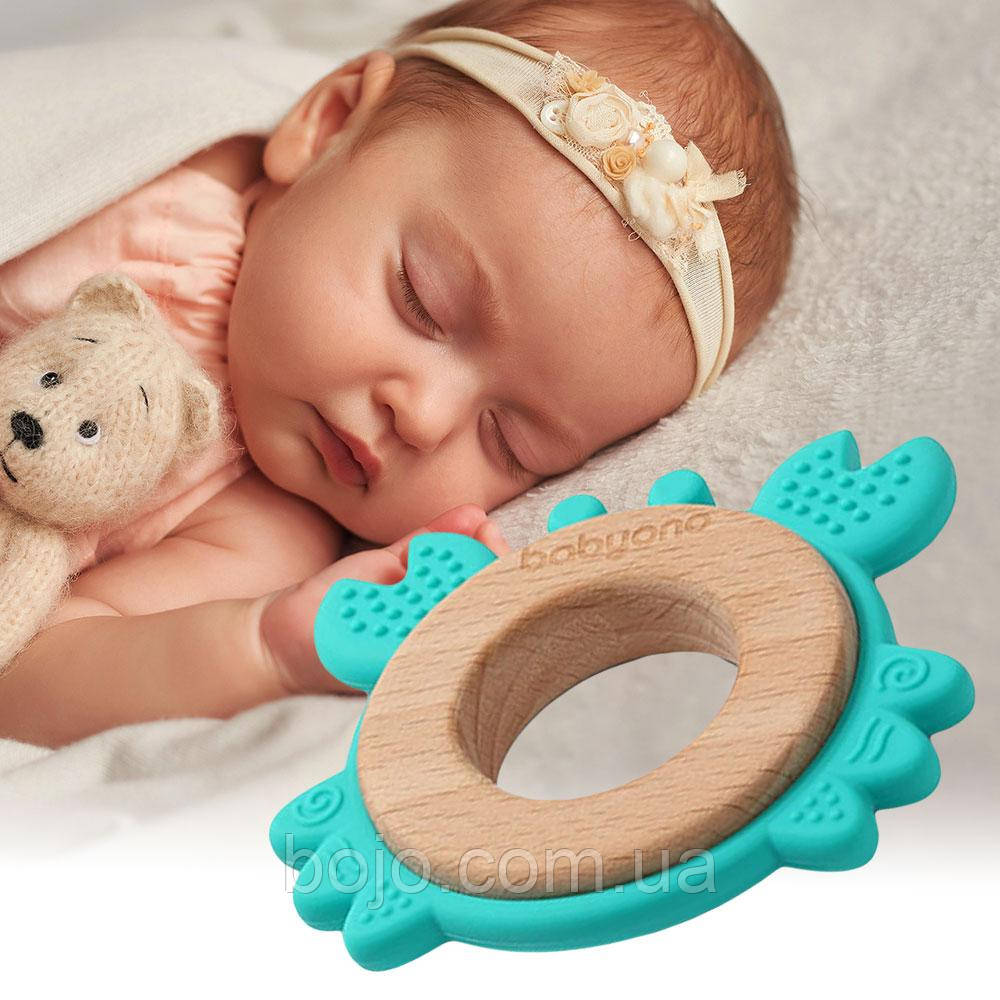 Прорізувач для зубів з бука та силікону BabyOno 1075/02 Краб, Блакитний (SB)