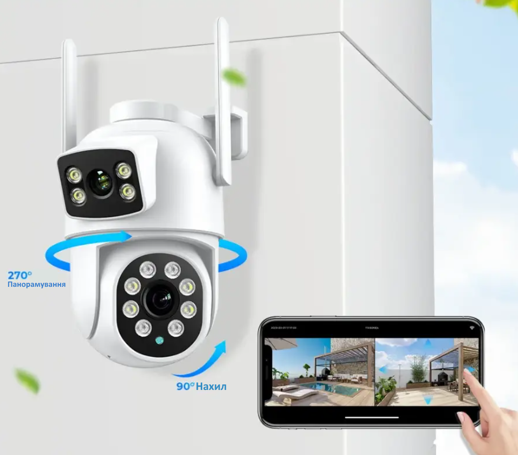 Wi-Fi камера відеоспостереження з подвійним обективом iCSee вай фай камера вулична поворотна, фото 1