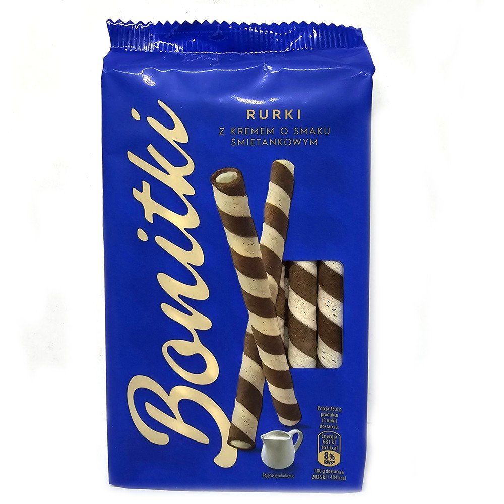 Шоколадні вафельні трубочки з кремом зі смаком пломбіру Rurki Waflowe zebra, 280 г, Польща