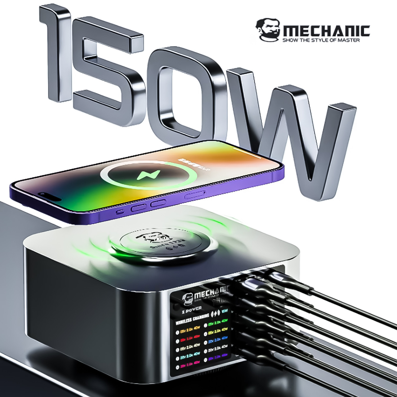 Зарядна станція MECHANIC X-Power (5xUSB+5 Type-C) 150W із цифровою індикацією параметрів заряджання