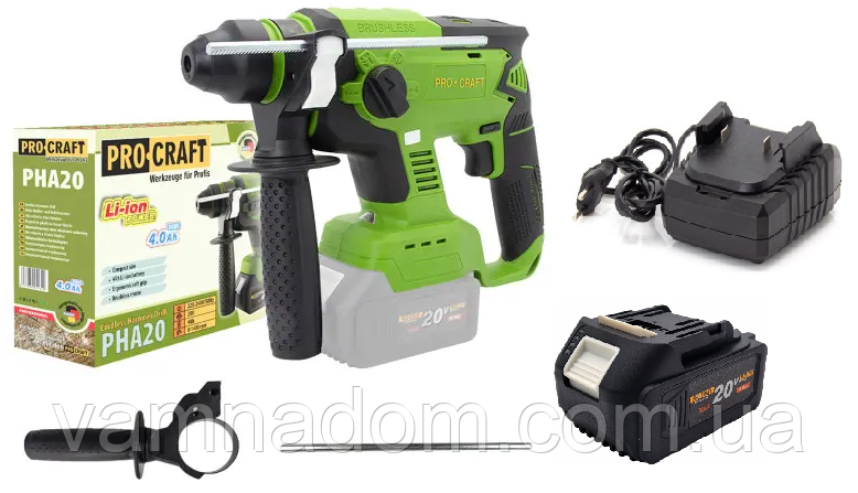 Акумуляторний перфоратор Procraft PHA20 (Акумулятор 20 В, 4 А/год і зарядний пристрій у комплекті), фото 1