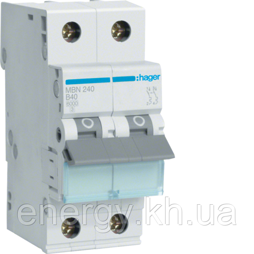 Hager MBN240 – Автоматичний вимикач 2P B-40A 6kA 2 модулі