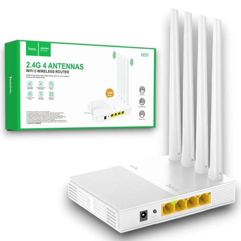 WiFi роутер Hoco HI31 1200 Мбіт/с, 4 потужні антени, 2.4/5 ГГц – дводіапазонний бездротовий маршрутизатор для дому та офісу, білий