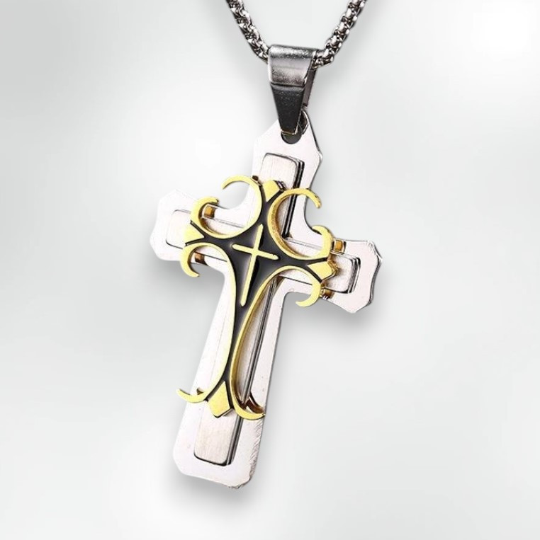 Золотиста чоловіча підвіска Християнський хрест на сріблястому фоні амулет тотемний рельєф з візерунком AurumLux821, фото 1