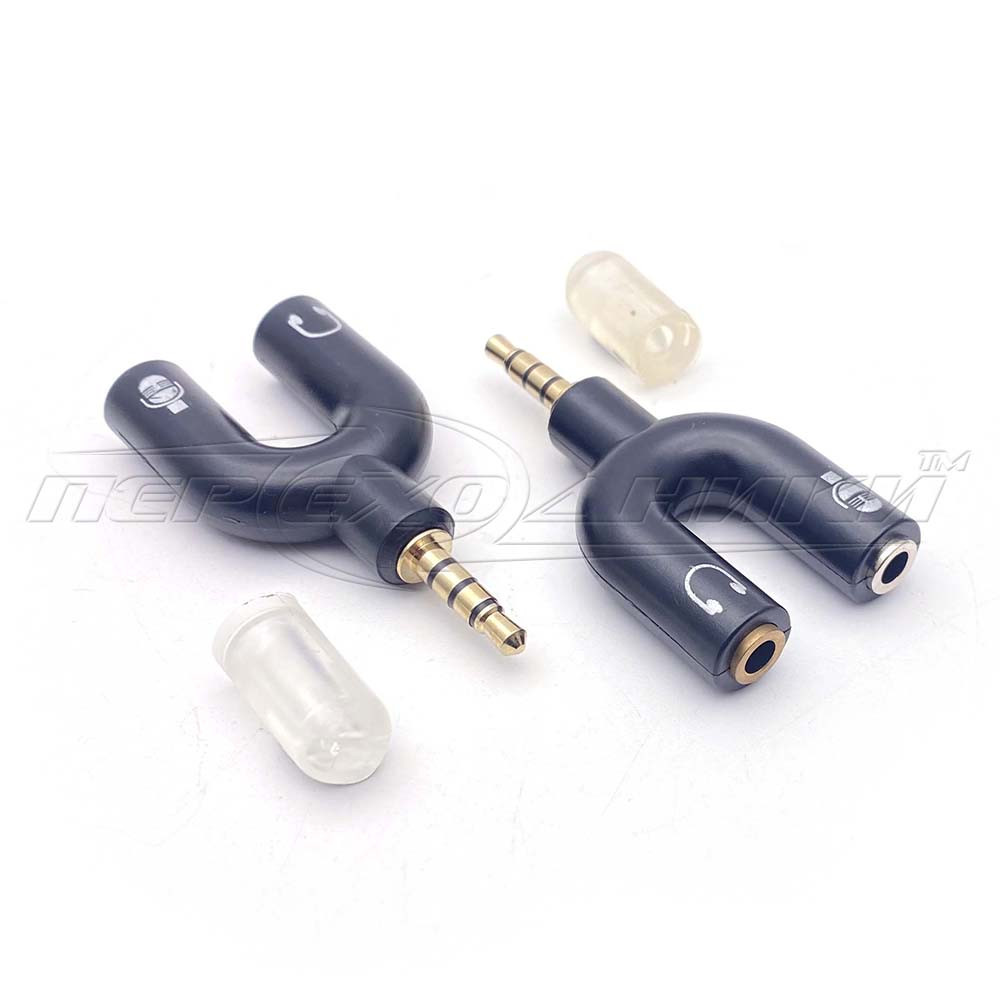 Перехідник 3.5 мм штекер 4 pin на 2 гнізда 3.5 мм (мікрофон + навушники), чорний