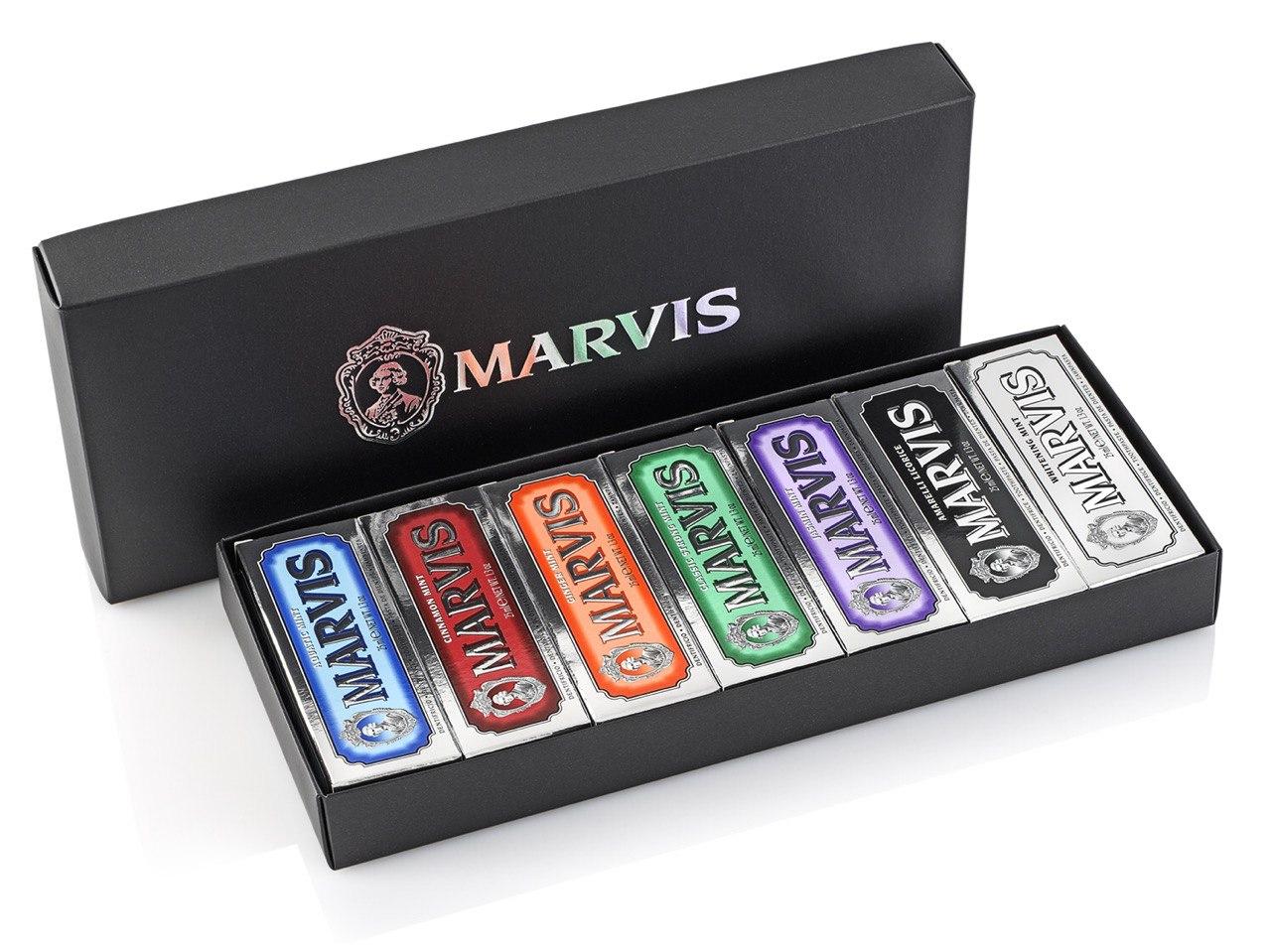 Коробка з 7 видами різних паст Marvis 7 Flavours Box (Класична, Відбілююча, Морська, Імбир, Локриця, Жасмин, Кориця), фото 1