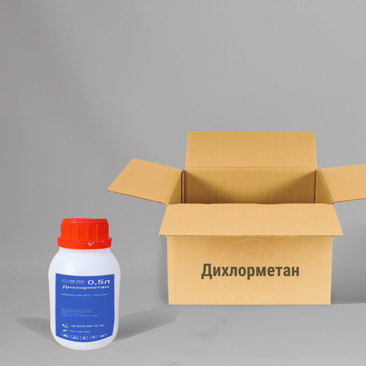 Дихлорметан (ДХМ, метиленхлорид, хлористий метилен) у флаконах 0,5л (у коробці 32 флаконів)