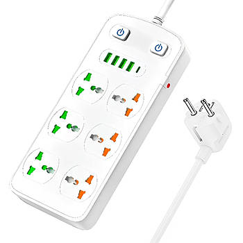 Мережевий фільтр 2м, 2500Вт, (6 розеток, 4хUSB, 1хType-C) AR CP05 / Подовжувач з вимикачем / Переноска з юсб