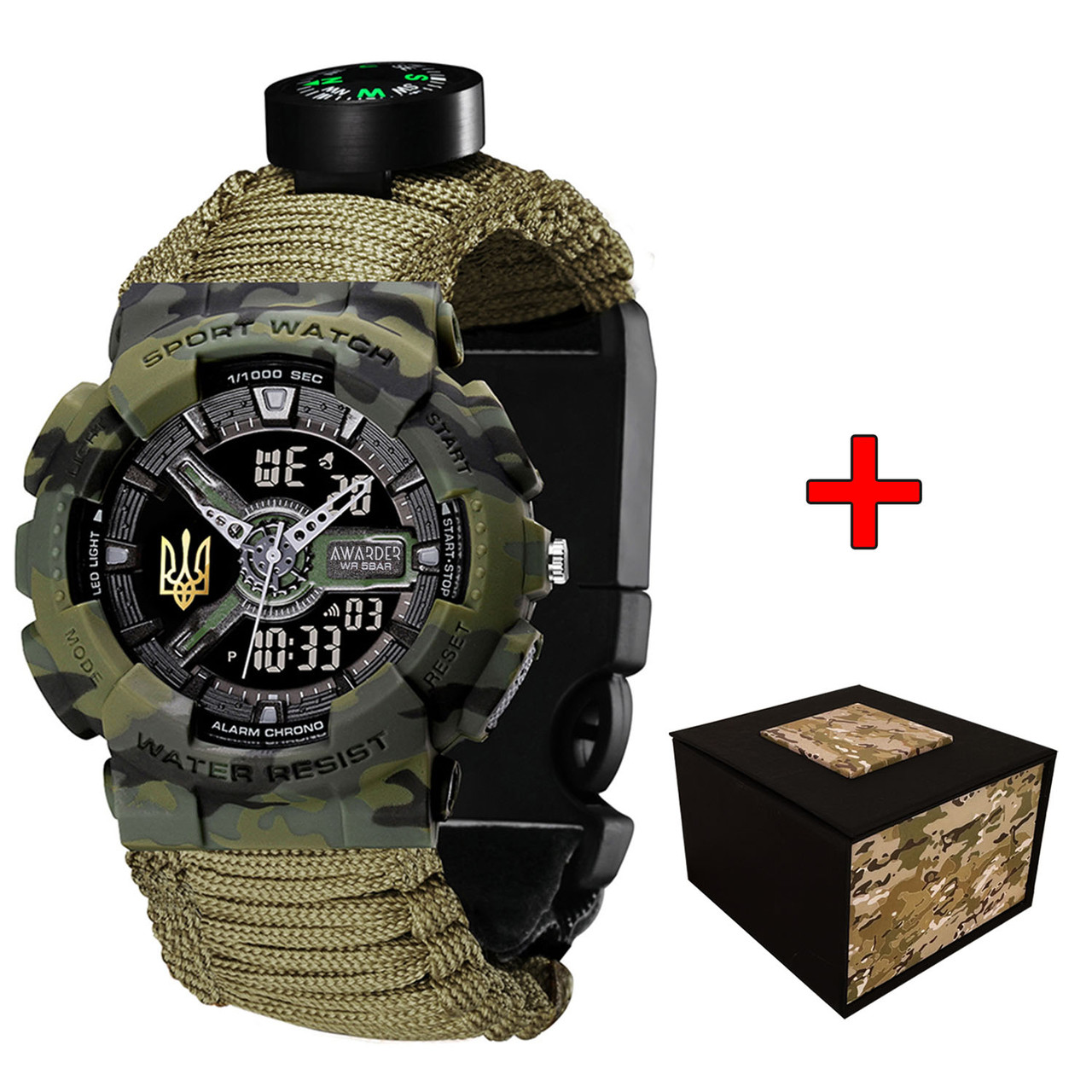 Годинник Авандер005 Тризуб золото Camo Green Паракордовий ремінець Army Green