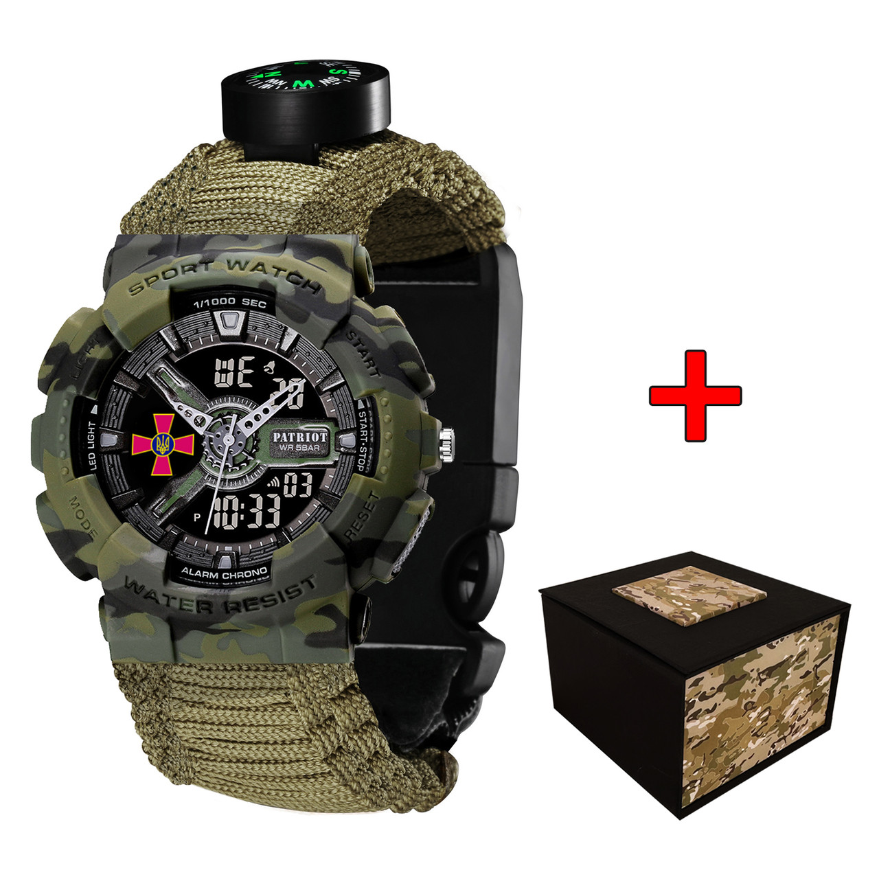 Годинник Патріот 005CMGRSU ЗСУ Зелений камуфляж Паракордовий ремінець Army Green + Коробка.