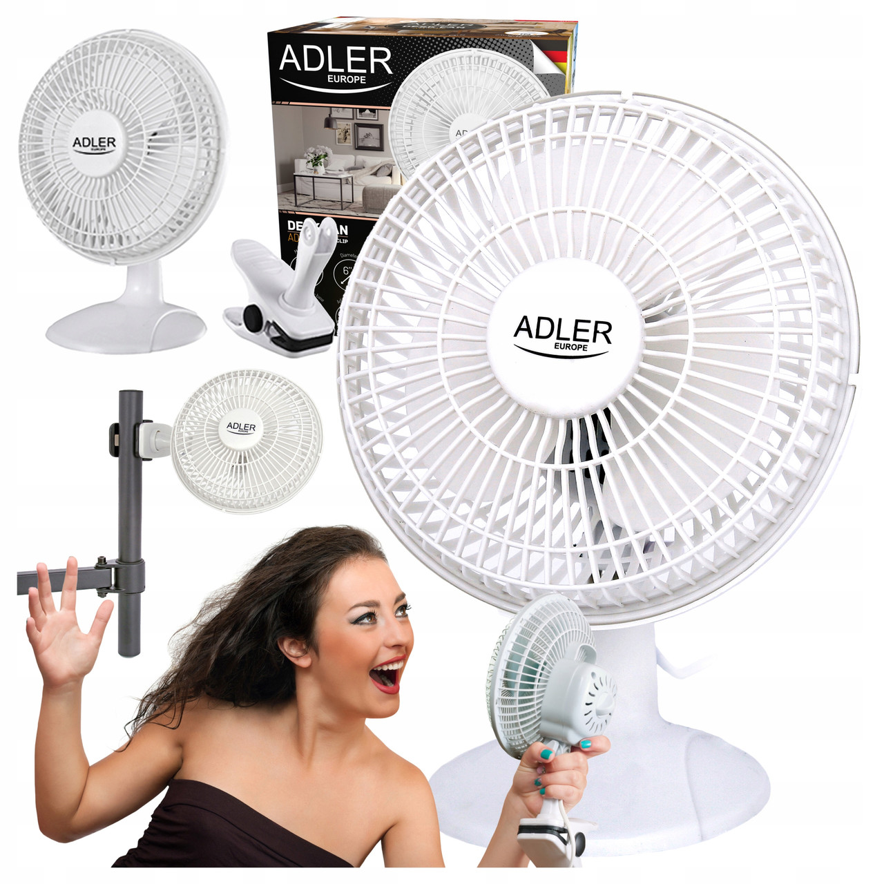 Настільний вентилятор-кліпса Adler AD 7317 — 15 см, 2 швидкості, 15 Вт, білий