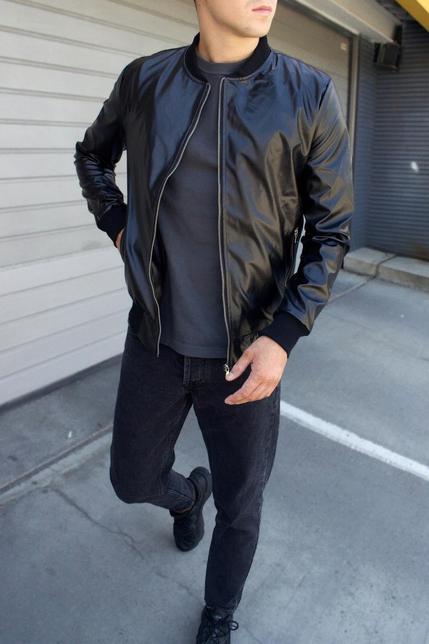 Чоловіча куртка шкіряна осінь-весна демісезонний осінній бомбер чорна Туреччина. Живе фото, фото 1