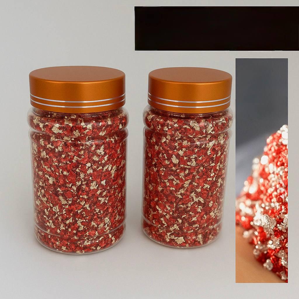 Поталь пластівці, в банці червона з золотом.