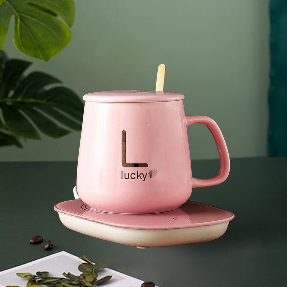 Керамічна чашка з кришкою та підставкою для підігріву напою набір Lucky для кави та чаю, фото 1