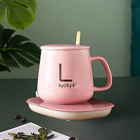 Керамічна чашка з кришкою та підставкою для підігріву напою набір Lucky для кави та чаю