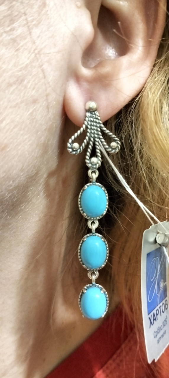 Довгі срібні сережки з бірюзо, фото 1
