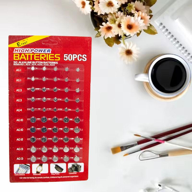 Набір батарейок-таблеток assorted button batteries 50 шт. (LR41, LR44 + AG1) для годинників, слухових апаратів