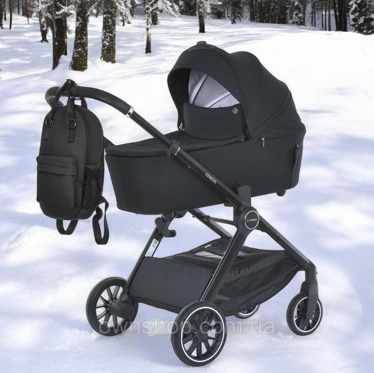 Коляска дитяча 2 в 1 люлька/прогулянковий блок, дощовик, москітна сітка, сумка, ME 1126 GENESIS Jet Black, фото 1