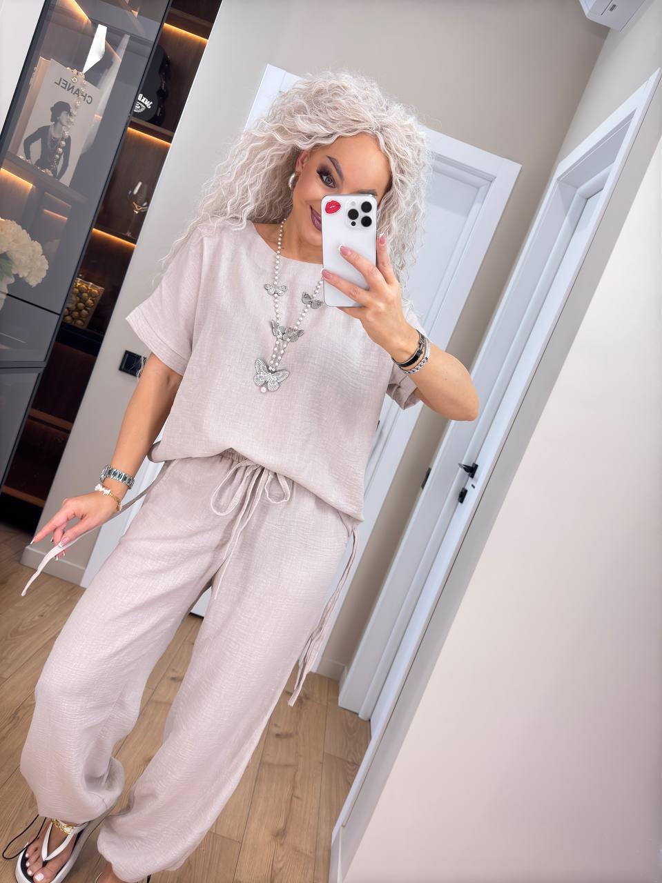 Лляний костюм вільна футболка та прямі штани на кулісці (р. 42-52) 65103806, фото 1