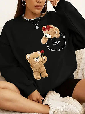 Чорний жіночий світшот з ведмедиками,РОЗМІР ТІЛЬКИ 50